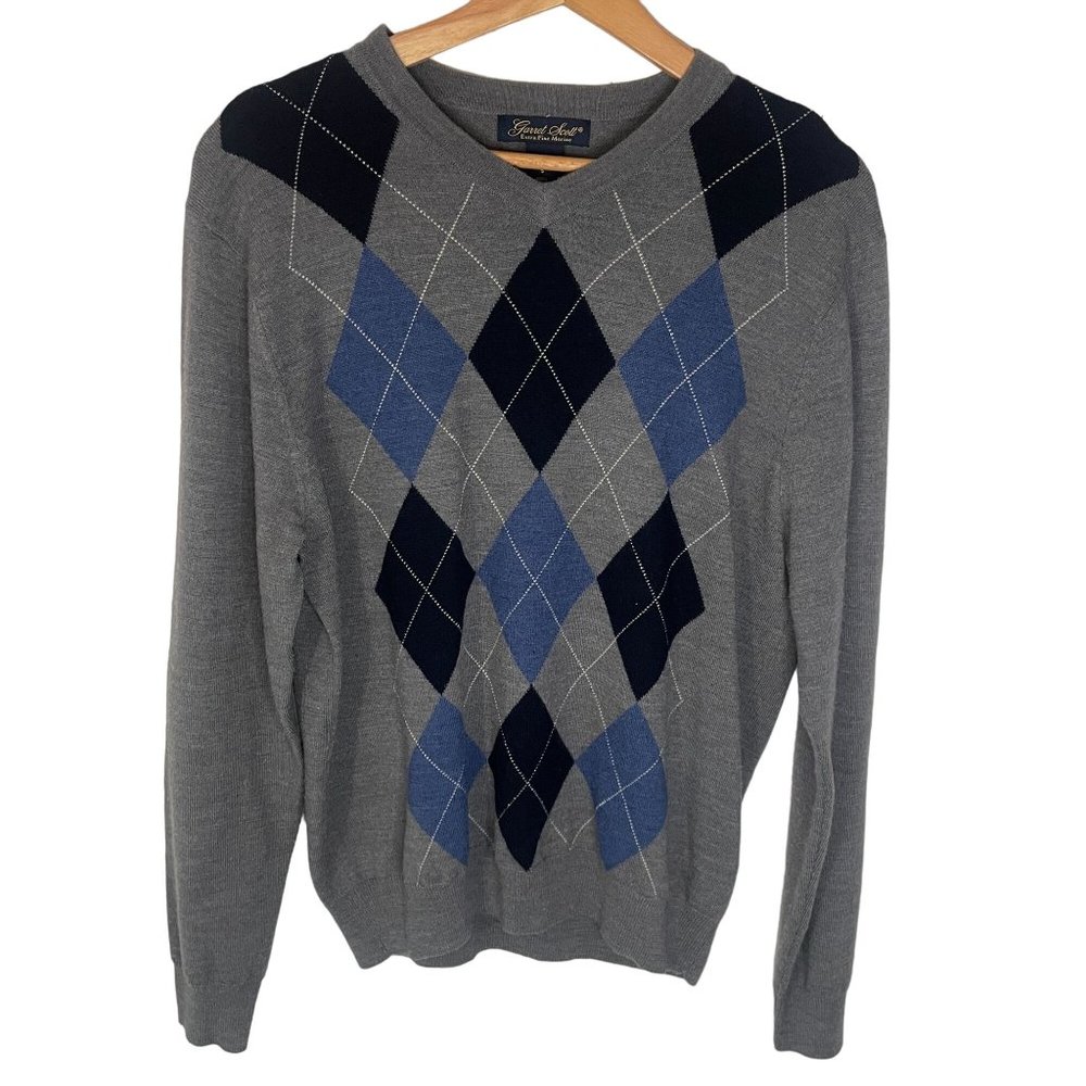 Garret Scott Extra Fine Merino Wool Argyle Preppy Golf Sweater Men S Gray Blue